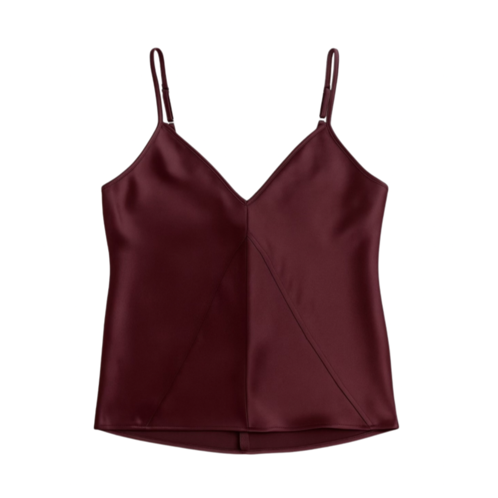 Maroon satin camisole top on a white background