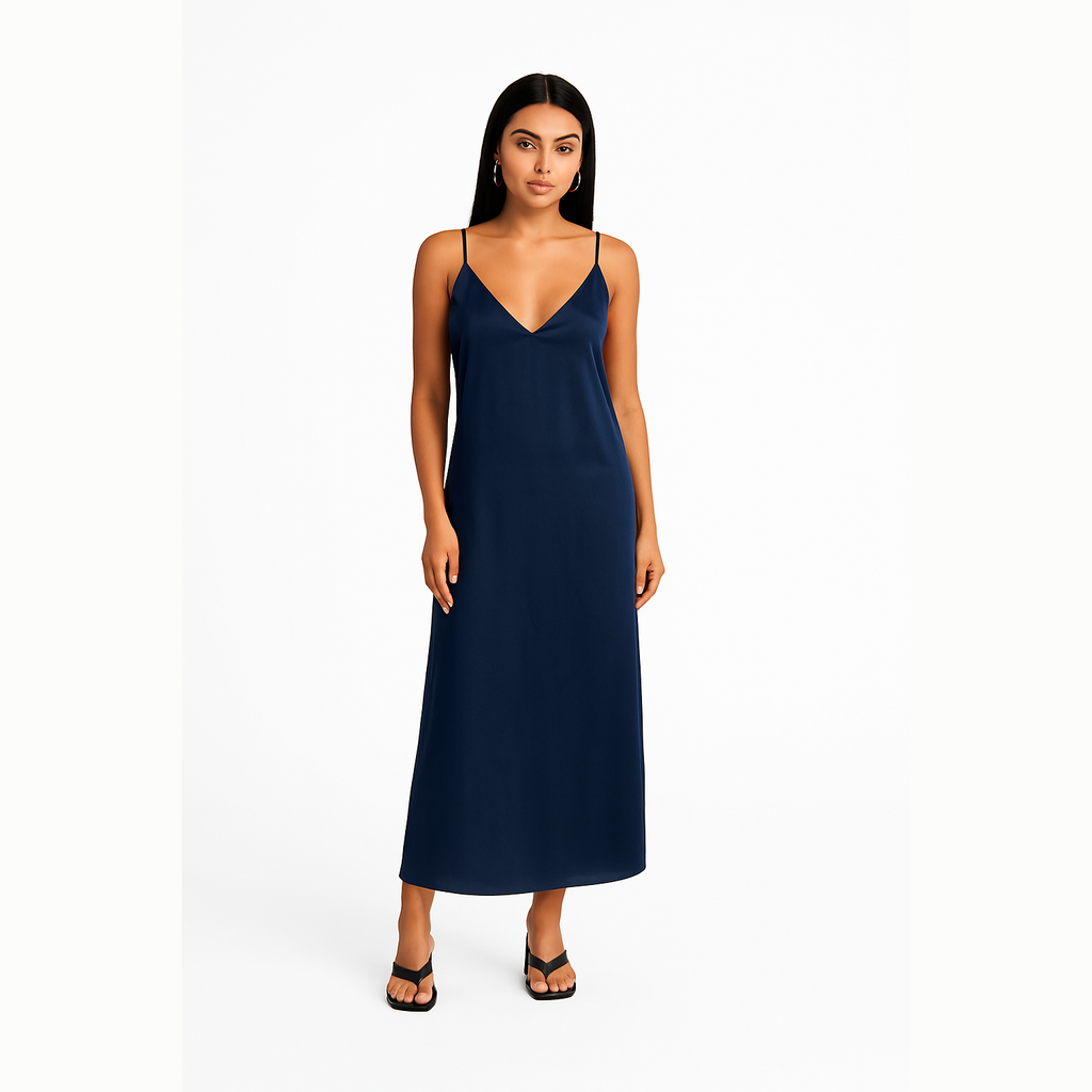 Woman wearing a navy slip dress on a white background