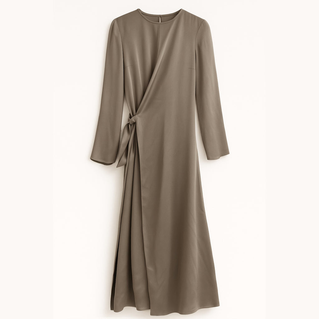 Brown dress with a tie waist on a white background