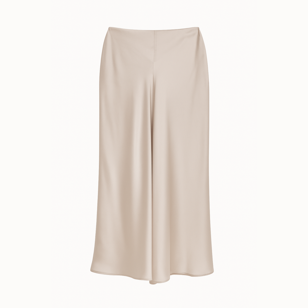 Beige satin skirt on a white background