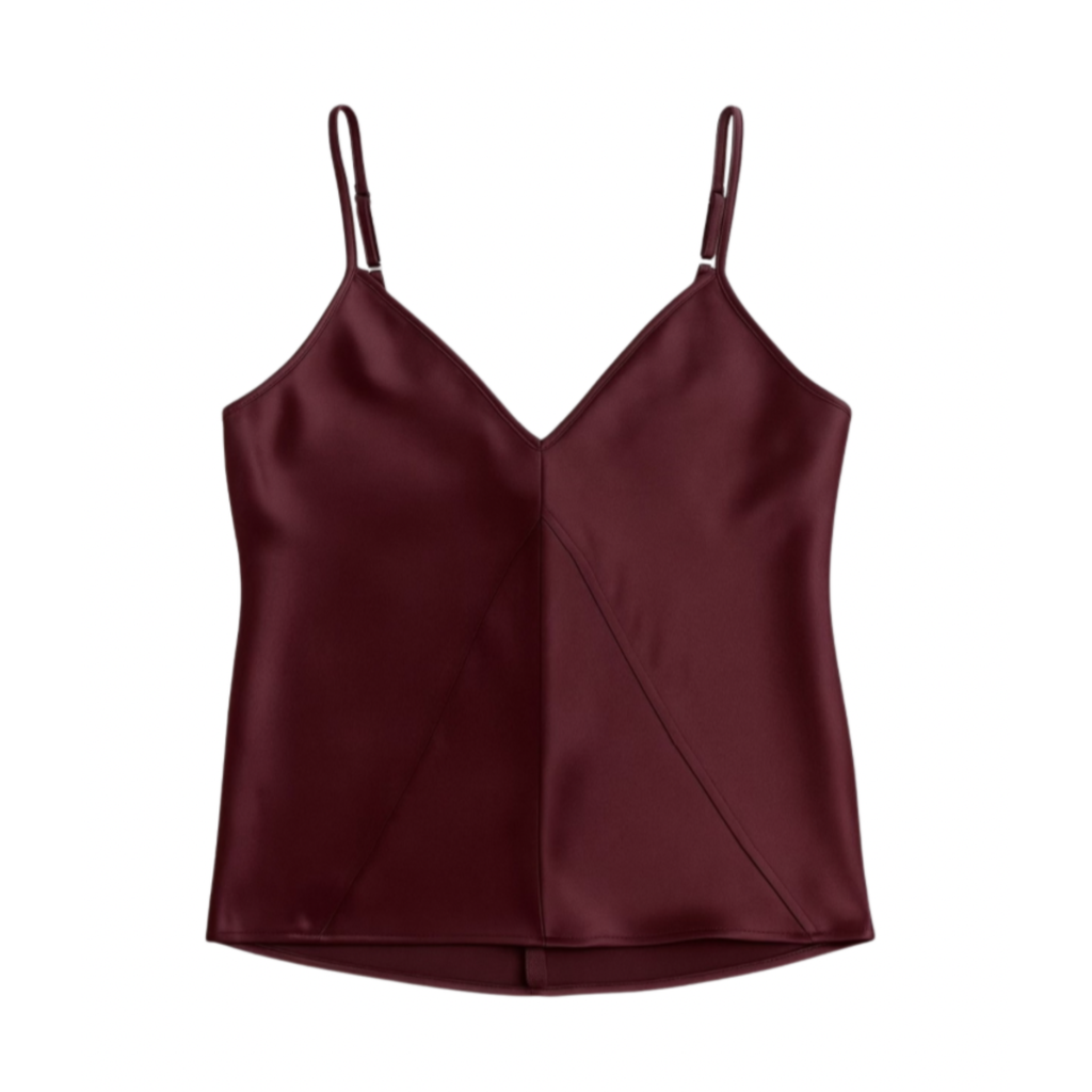Maroon satin camisole top on a white background